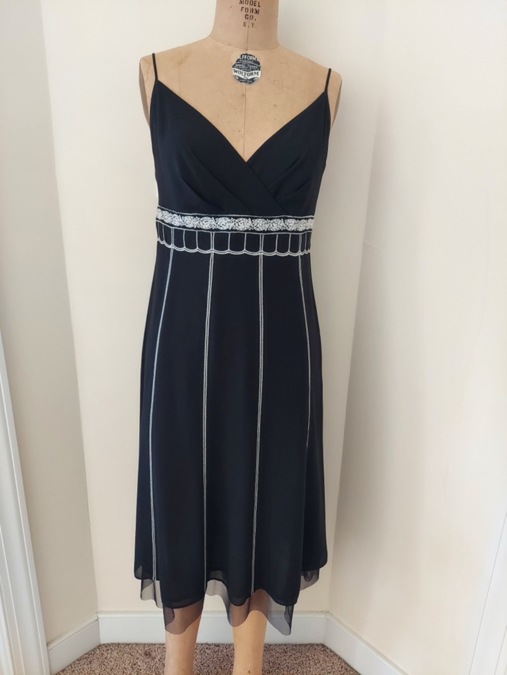 LOFT Black Dress with White Contrast Embroidery